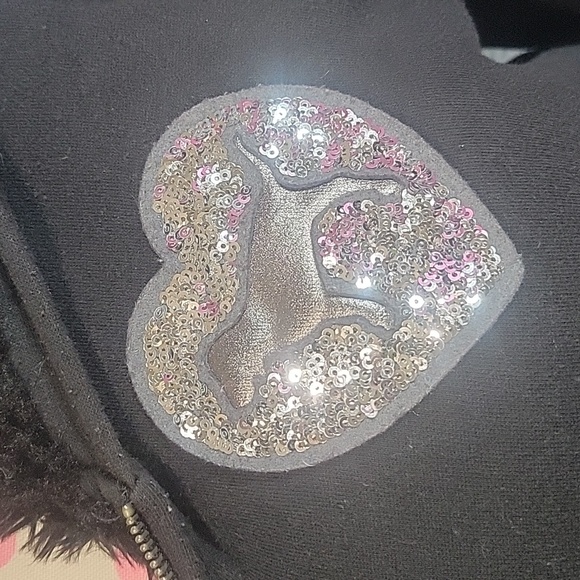 Y2K Vintage VS Pink Black Fur Lined Silver Sequin Mega Bling Hoodie Jacket SZ:L - Picture 7 of 12